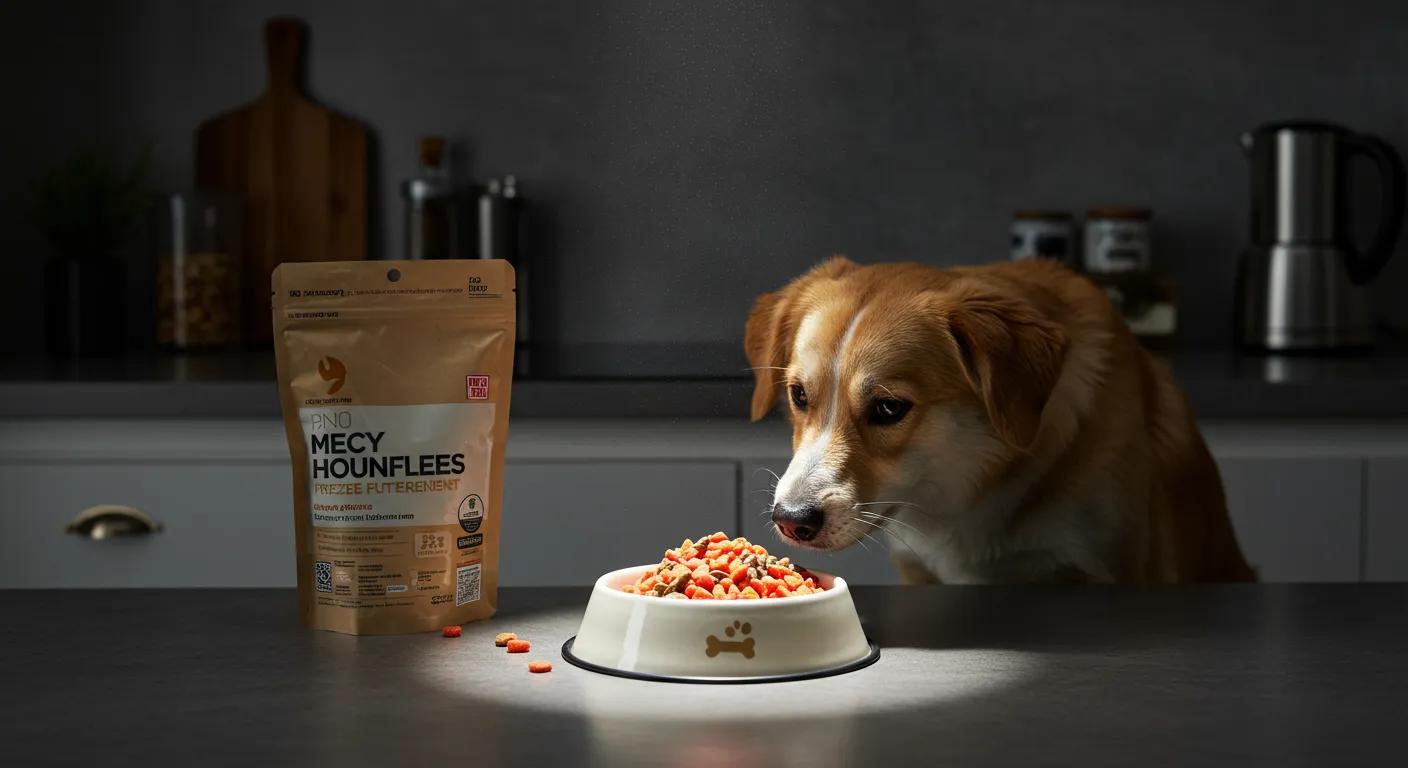 a sleek, modern kitchen setting showcases a bowl filled with vibrant freeze-dried dog food, highlighted by a bright spotlight, while an energetic dog eagerly anticipates mealtime, embodying the health benefits praised by both owners and experts.