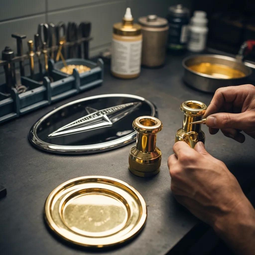 A classic car emblem and various yacht fittings undergoing the gold plating process in a professional workshop setting