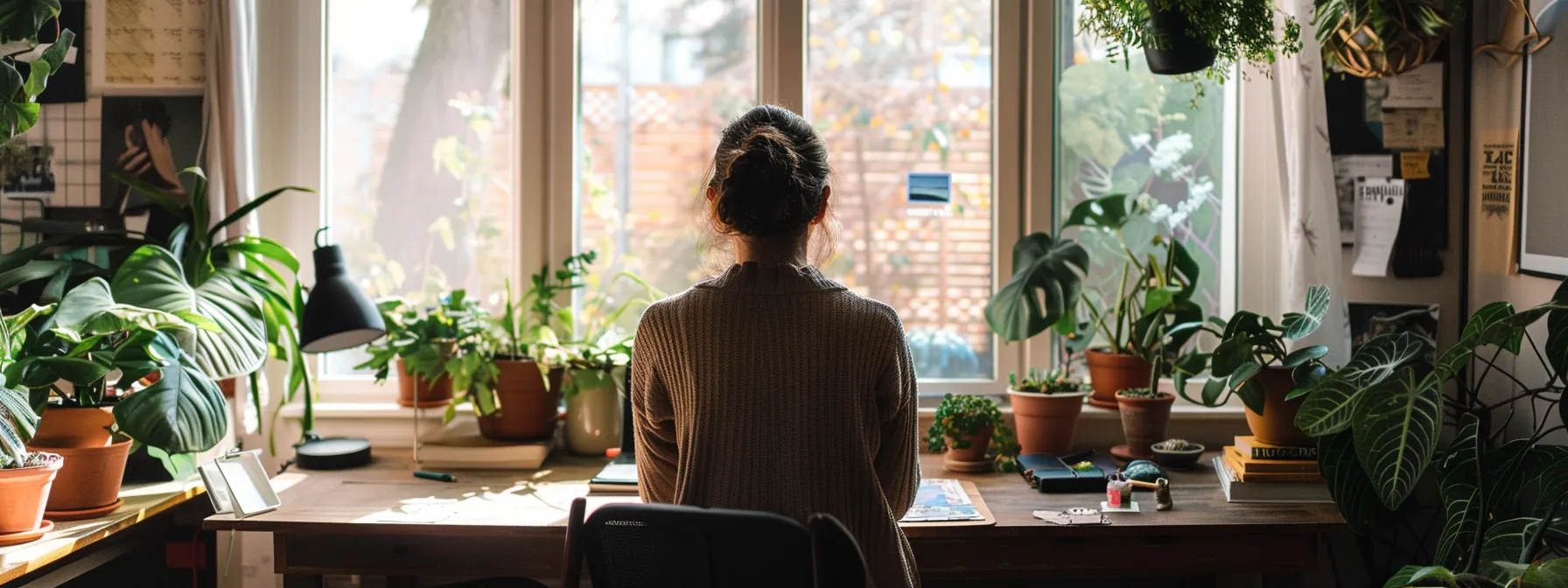 a person sitting at a desk, surrounded by plants and a calm workspace, setting boundaries and creating a self-care routine to protect their mental health.