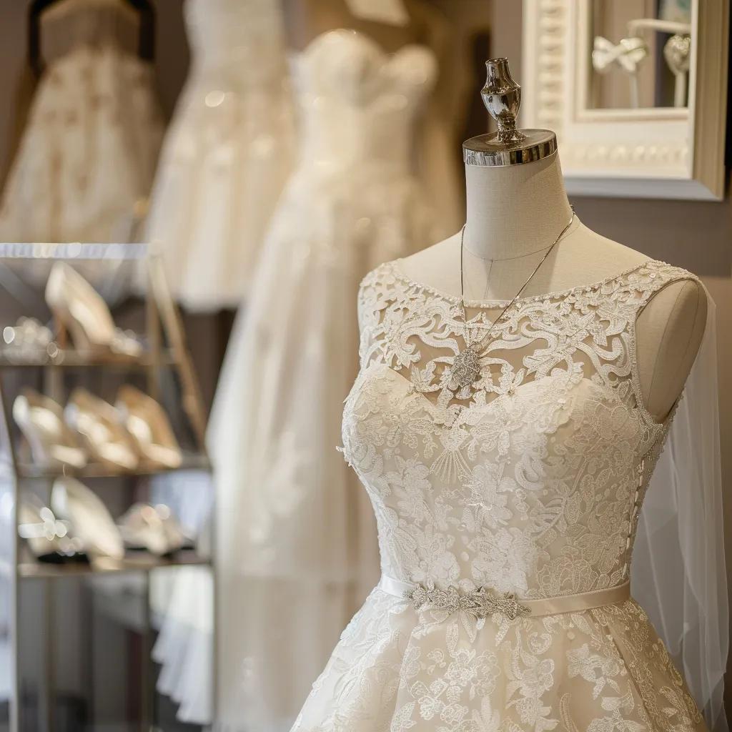 Elegant white debutante dress in a boutique, showcasing lace details and accessories