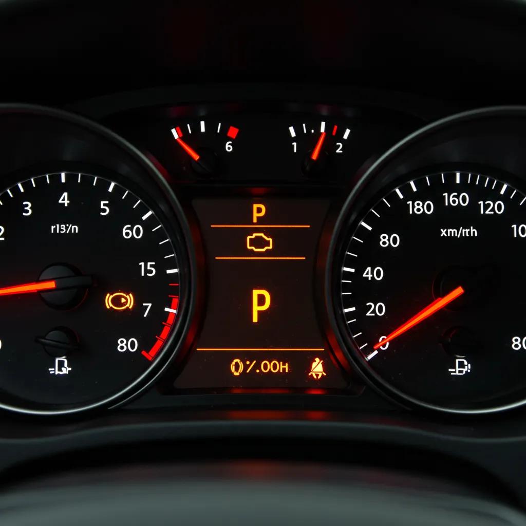 Close-up of a car dashboard displaying a lit check engine warning light