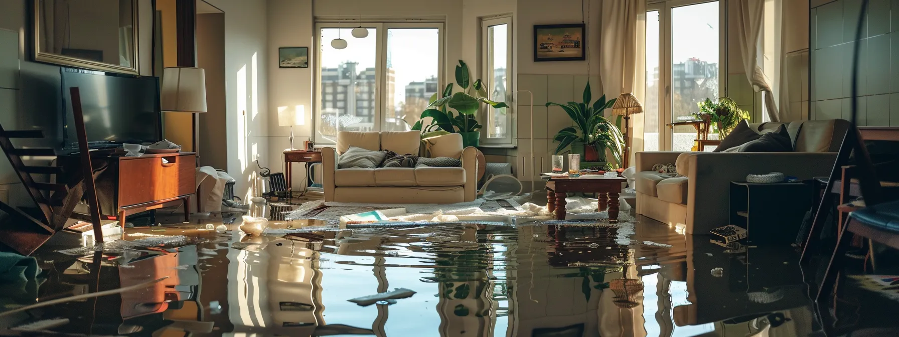 a flood-damaged condominium interior with waterlogged furniture and belongings.