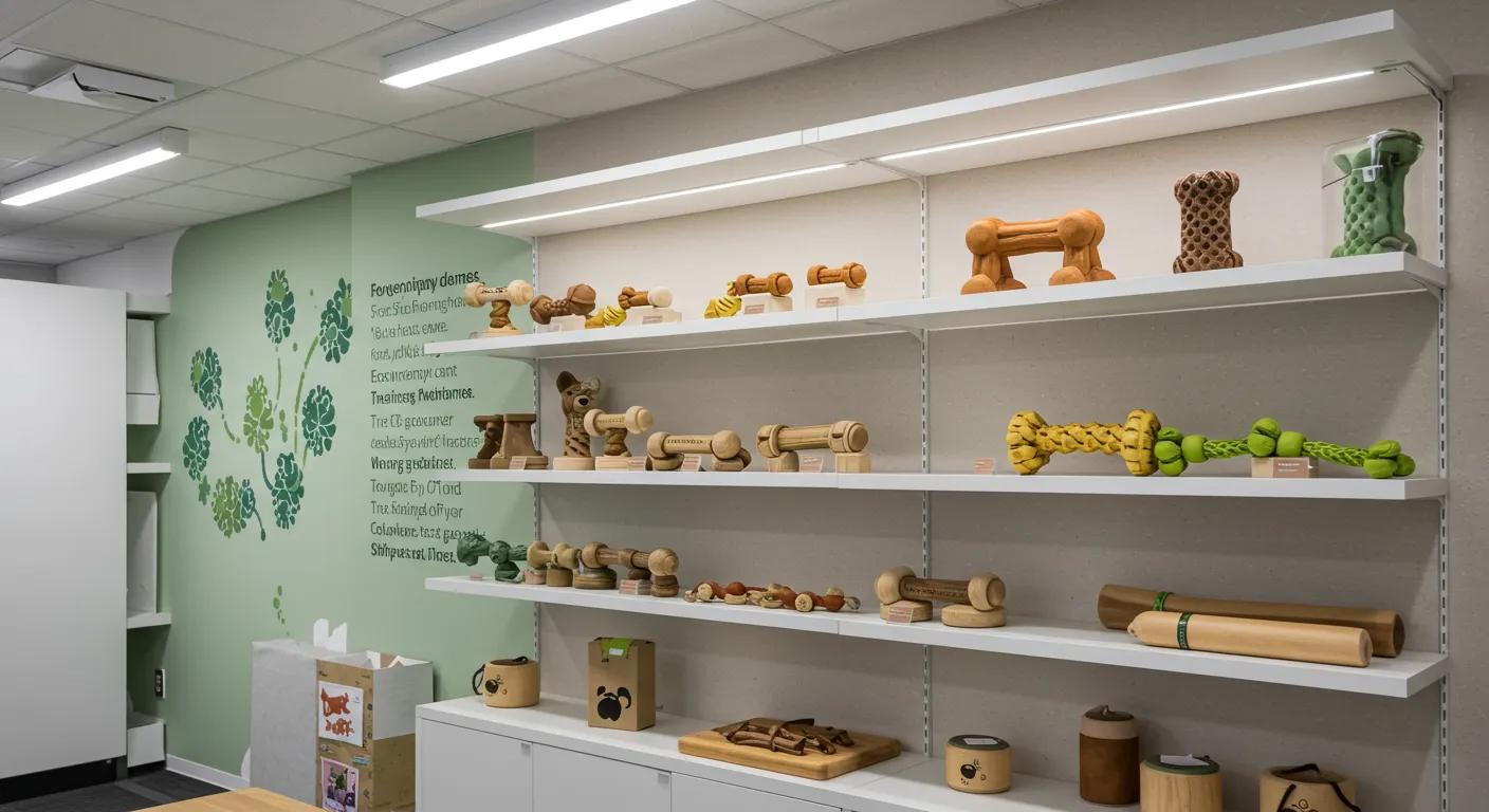 a sleek, modern office space showcases an array of eco-friendly dog chew toys made from sustainable materials, brightly displayed on minimalist shelves with a backdrop of an inspiring environmental mission statement.