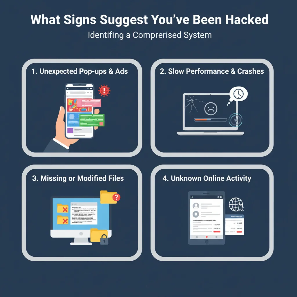 Signs of a hacked computer: unexpected pop-ups and ads, slow performance and crashes, missing or modified files, unknown online activity.