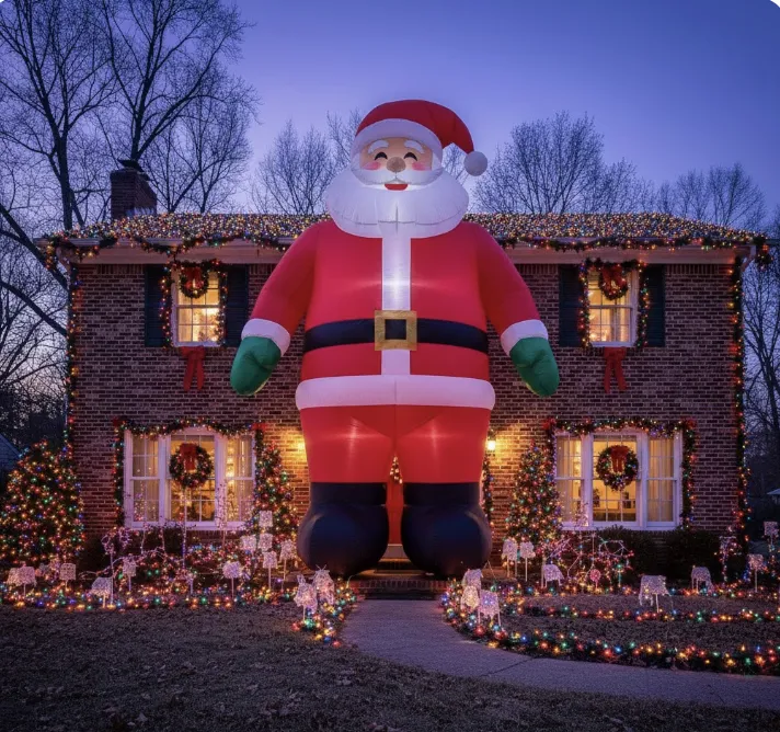 a house at twighlight decorated for the holidays with a giant inflatable santa blocking the entrance