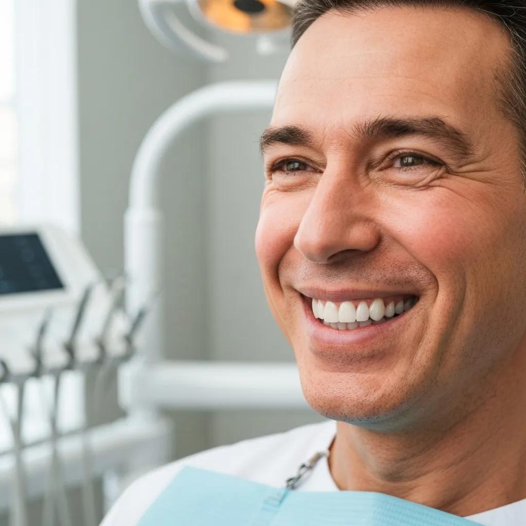 A patient displaying a bright, confident smile after undergoing cosmetic dental treatments