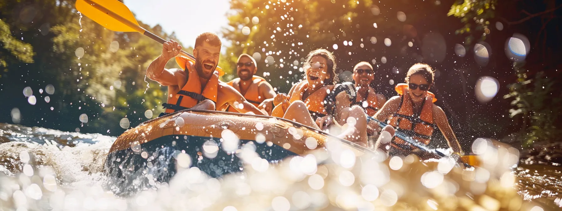 a group of friends joyfully navigating the rapids of the ocoee river during a sunny summer day.