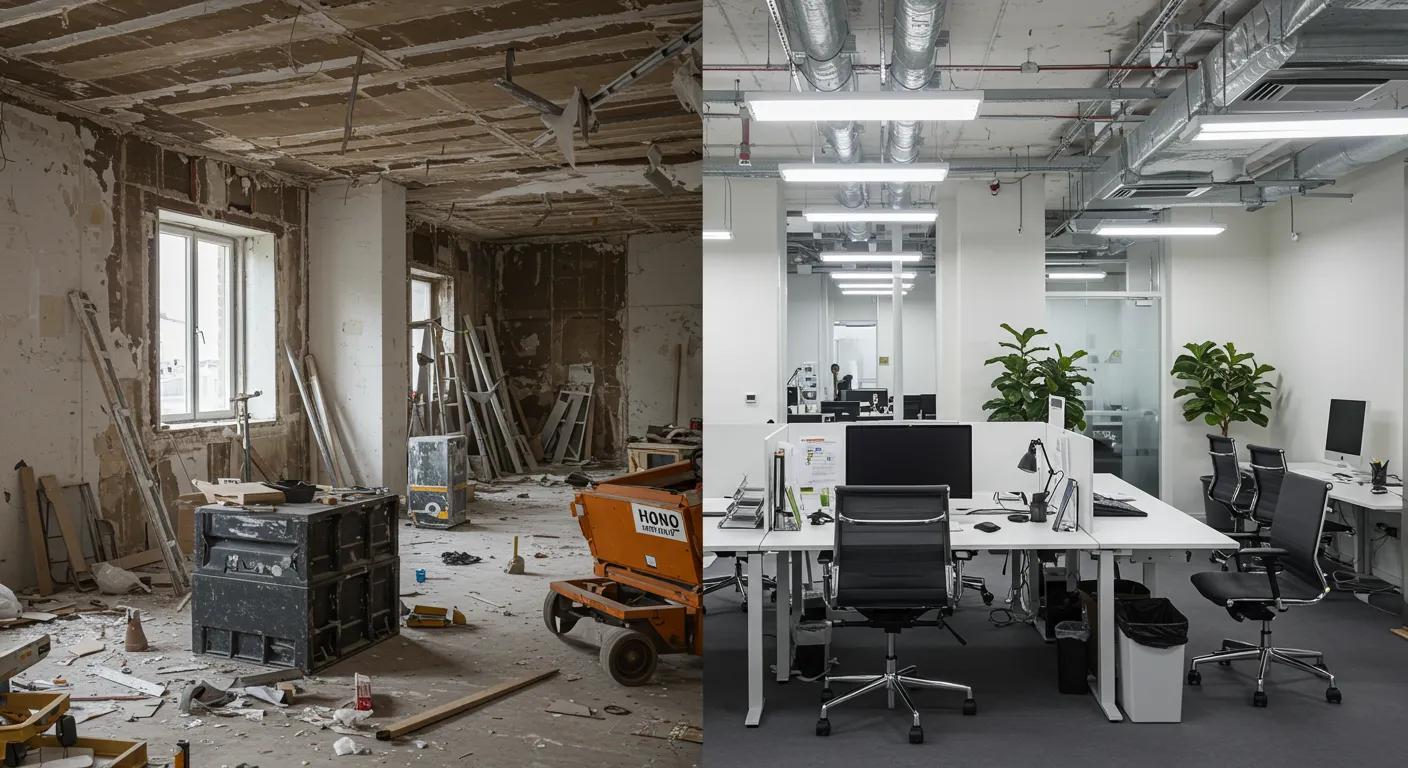 a split-screen office scene illustrates the contrast between a chaotic renovation project with exposed walls and tools scattered about, and a sleek, modern new build with clean lines and organized workstations, symbolizing the differences in costs and processes.
