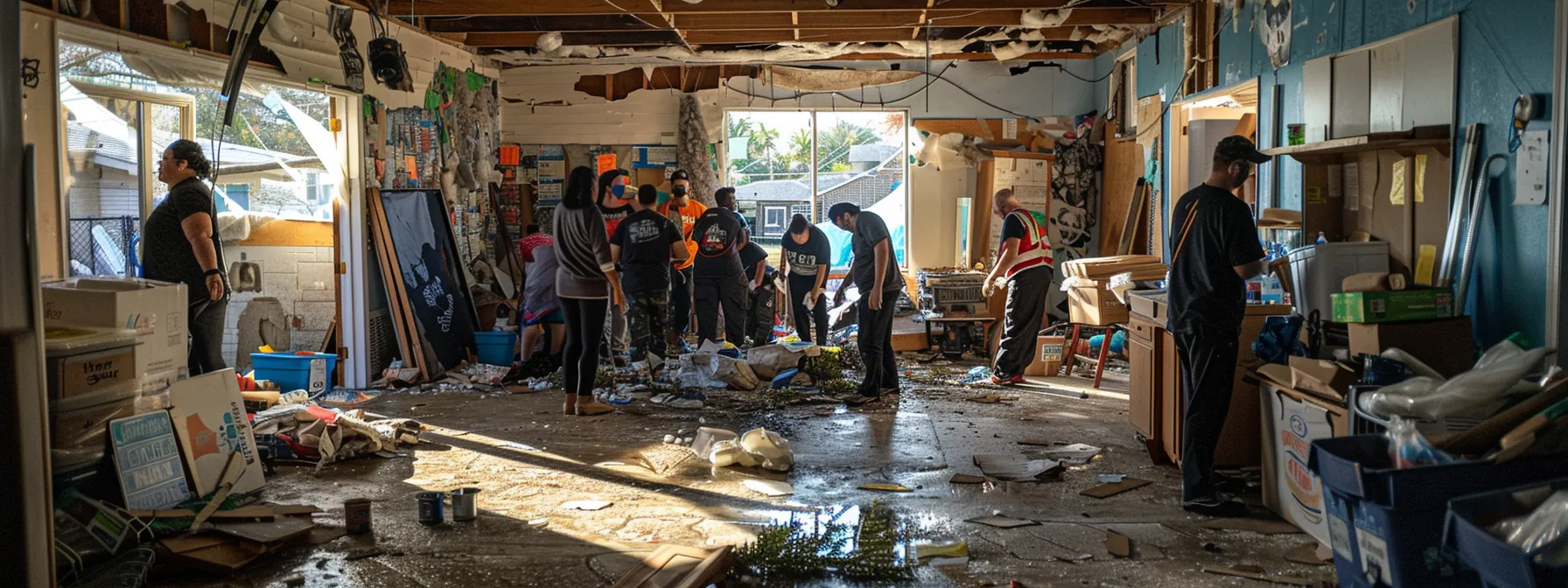 amidst the devastation of hurricane helene, a diverse group of volunteers collaborates at a local relief center, providing aid and support to their community.