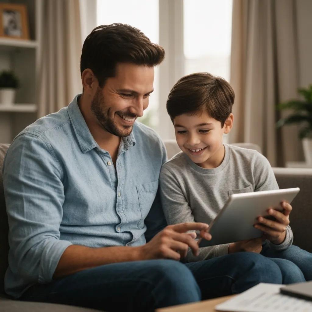 Parent and child using a tablet for behavior data collection in a cozy living room