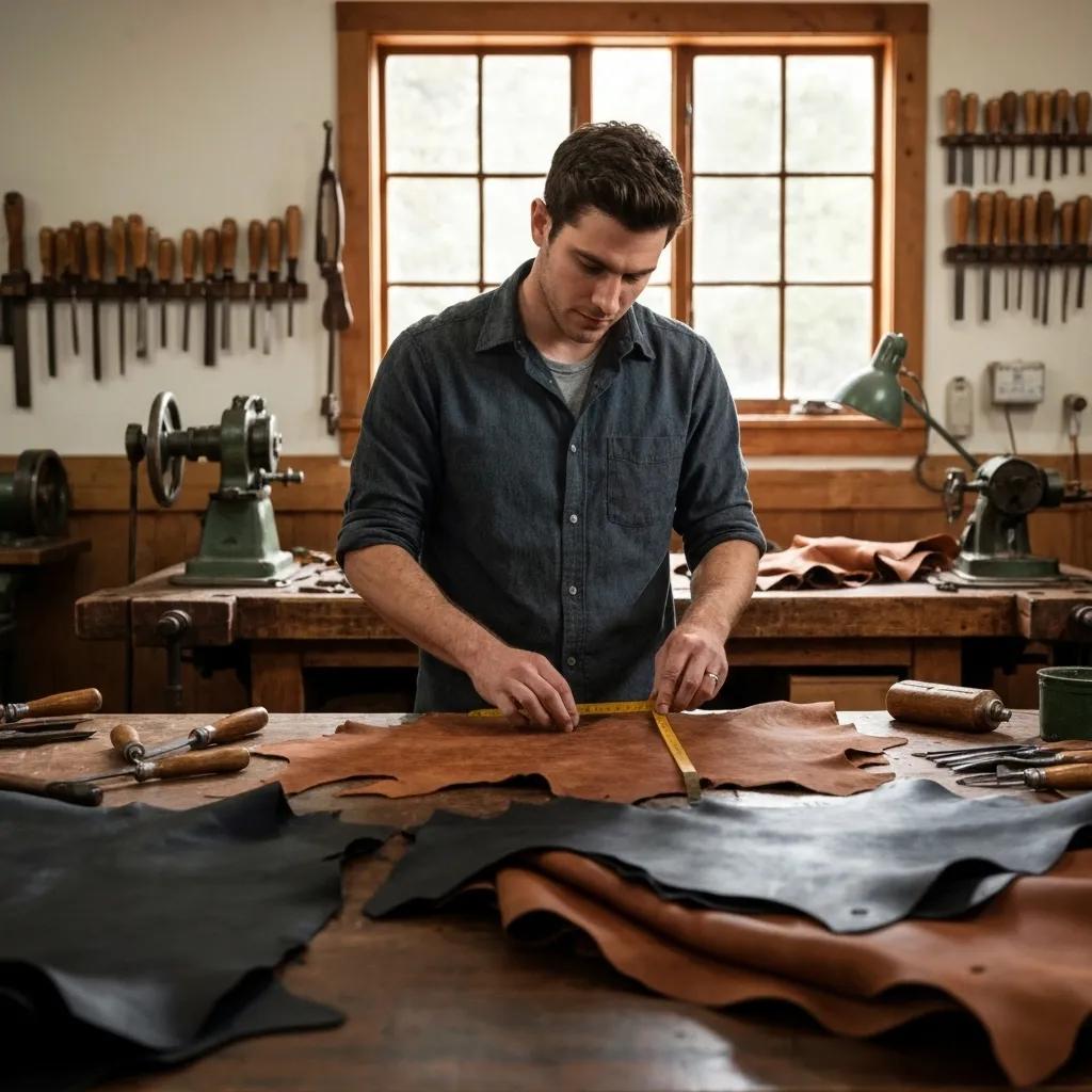 A skilled artisan carefully examining a piece of leather in a workshop, emphasizing the American craftsmanship involved in jacket production