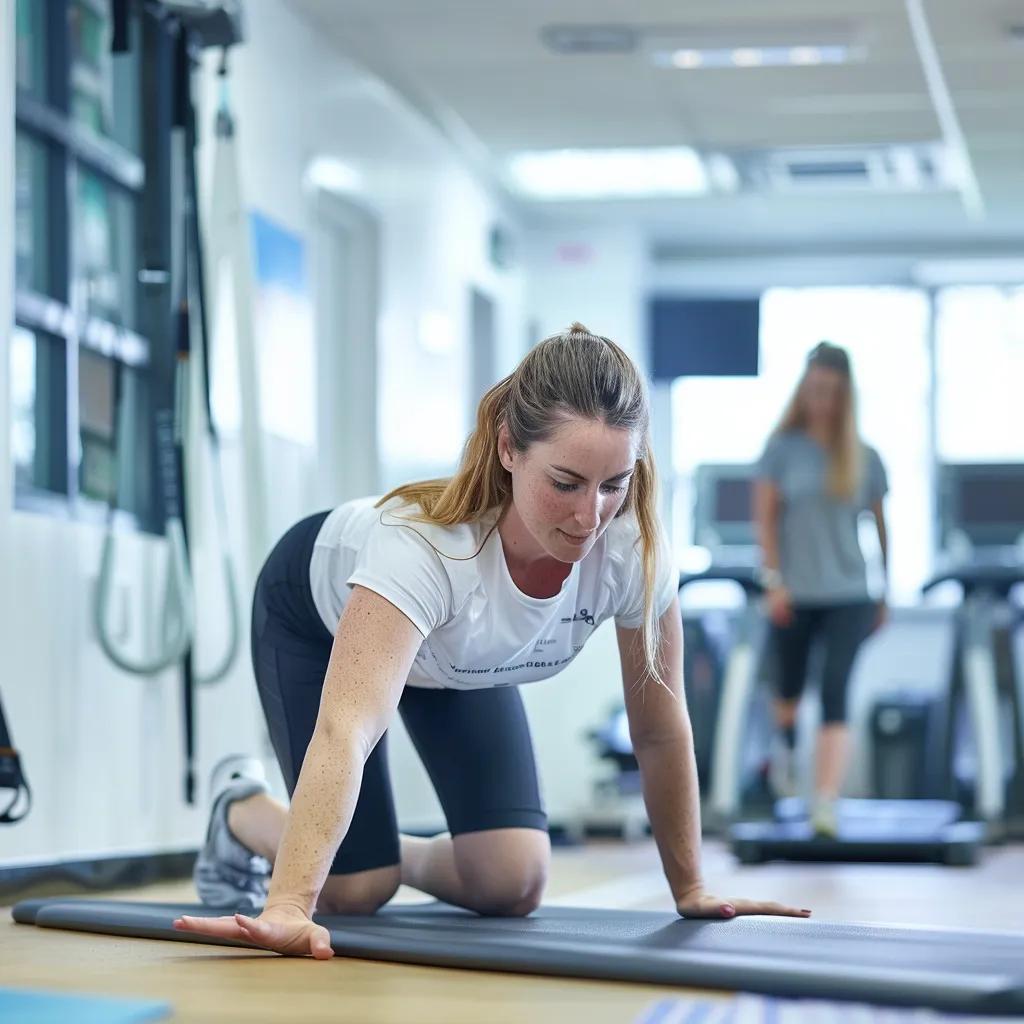 Physiotherapist demonstrating core strengthening exercises for office workers Physiotherapist demonstrating core strengthening exercises for office workers
