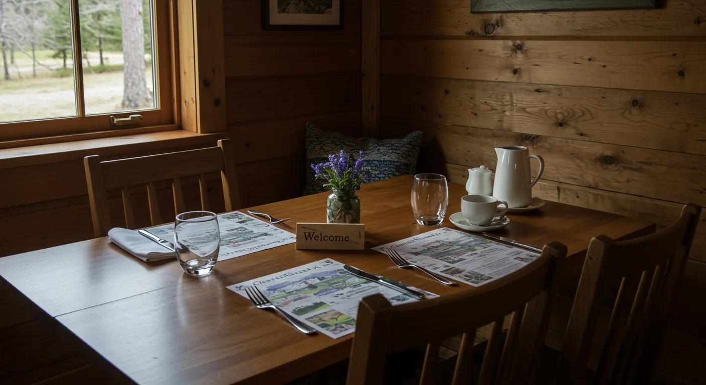a cozy, elegantly set dining table in a rustic blue ridge bed and breakfast, adorned with a personalized welcome package featuring local maps and a curated breakfast menu, inviting warmth and a sense of tailored hospitality. a cozy, elegantly set dining table in a rustic blue ridge bed and breakfast, adorned with a personalized welcome package featuring local maps and a curated breakfast menu, inviting warmth and a sense of tailored hospitality.