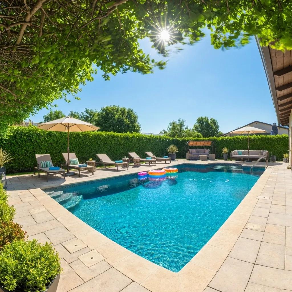 Beautiful backyard swimming pool with lounge chairs and greenery