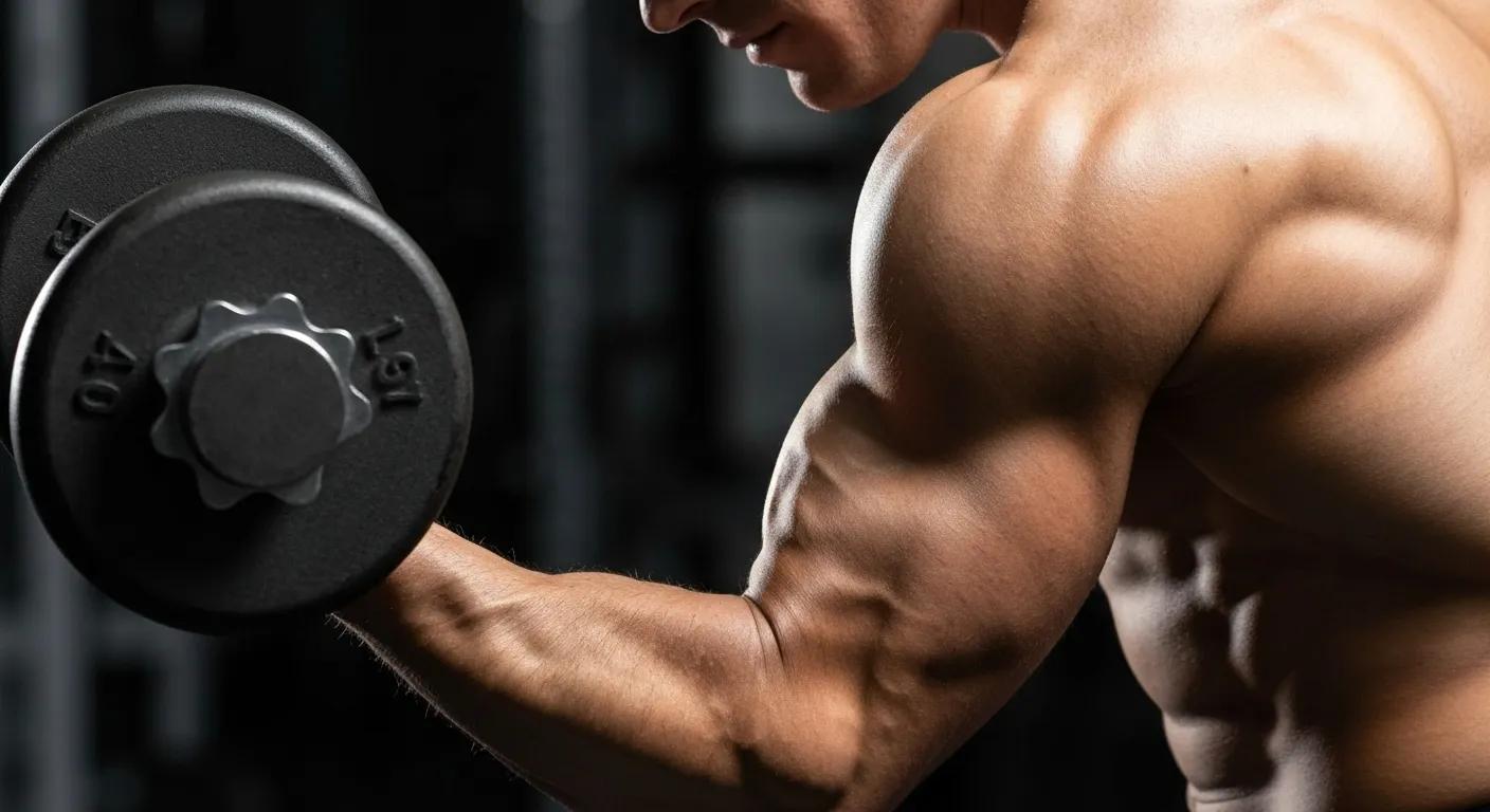 Close-up of a muscular arm lifting a dumbbell, representing muscle growth benefits of MK-677