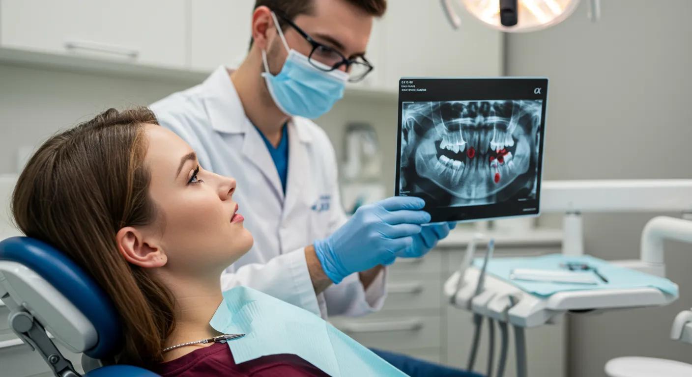 a close-up shot of a dental office, showcasing a concerned patient seated in a dental chair, with a focused dental professional examining an x-ray of a jaw, emphasizing the seriousness of untreated localized gum bleeding.