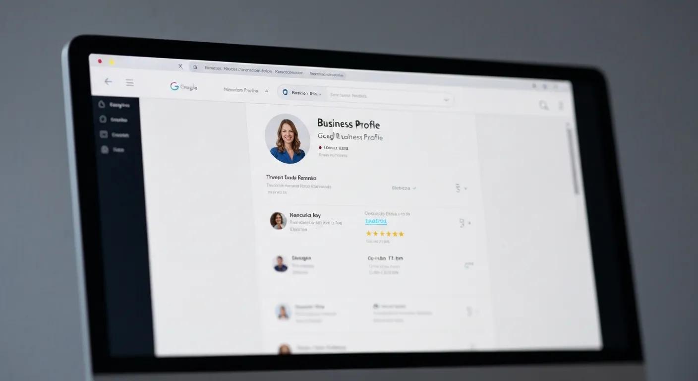 Optimised Google Business Profile displayed on a computer screen, showcasing essential local business details Optimised Google Business Profile displayed on a computer screen, showcasing essential local business details