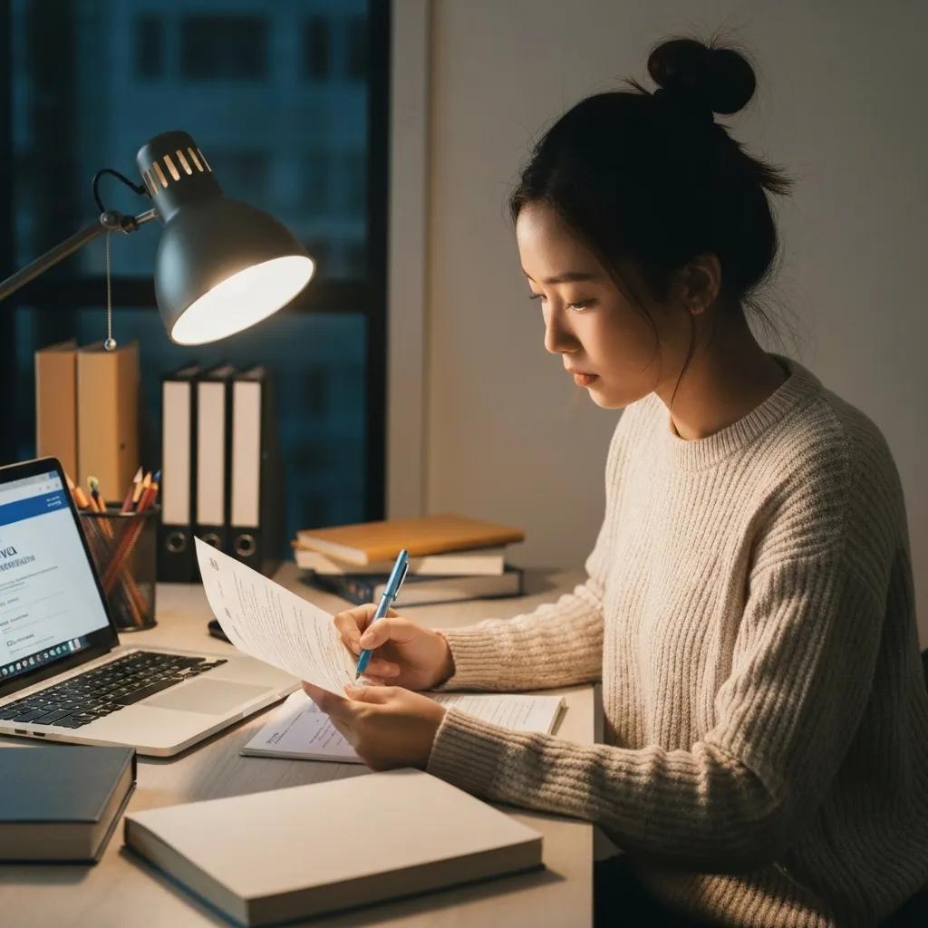 A student meticulously preparing their documents for a U.S. student visa application, with a laptop open nearby
