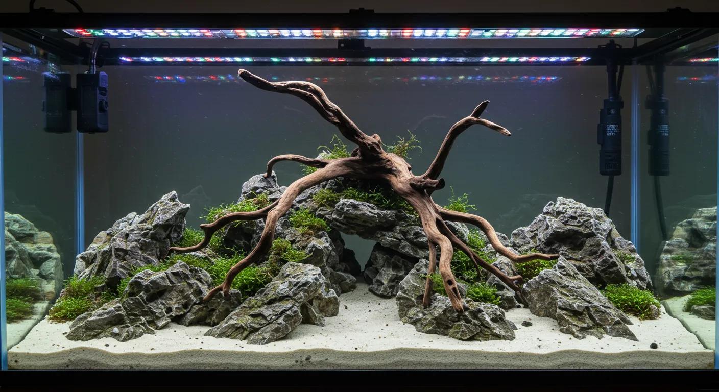 a beautifully arranged aquarium showcases intricate aquascaping, featuring a striking focal point of driftwood surrounded by a variety of aquatic plants and textured rocks, all illuminated by vibrant, colorful led lighting that highlights the artistry of underwater design. a beautifully arranged aquarium showcases intricate aquascaping, featuring a striking focal point of driftwood surrounded by a variety of aquatic plants and textured rocks, all illuminated by vibrant, colorful led lighting that highlights the artistry of underwater design.