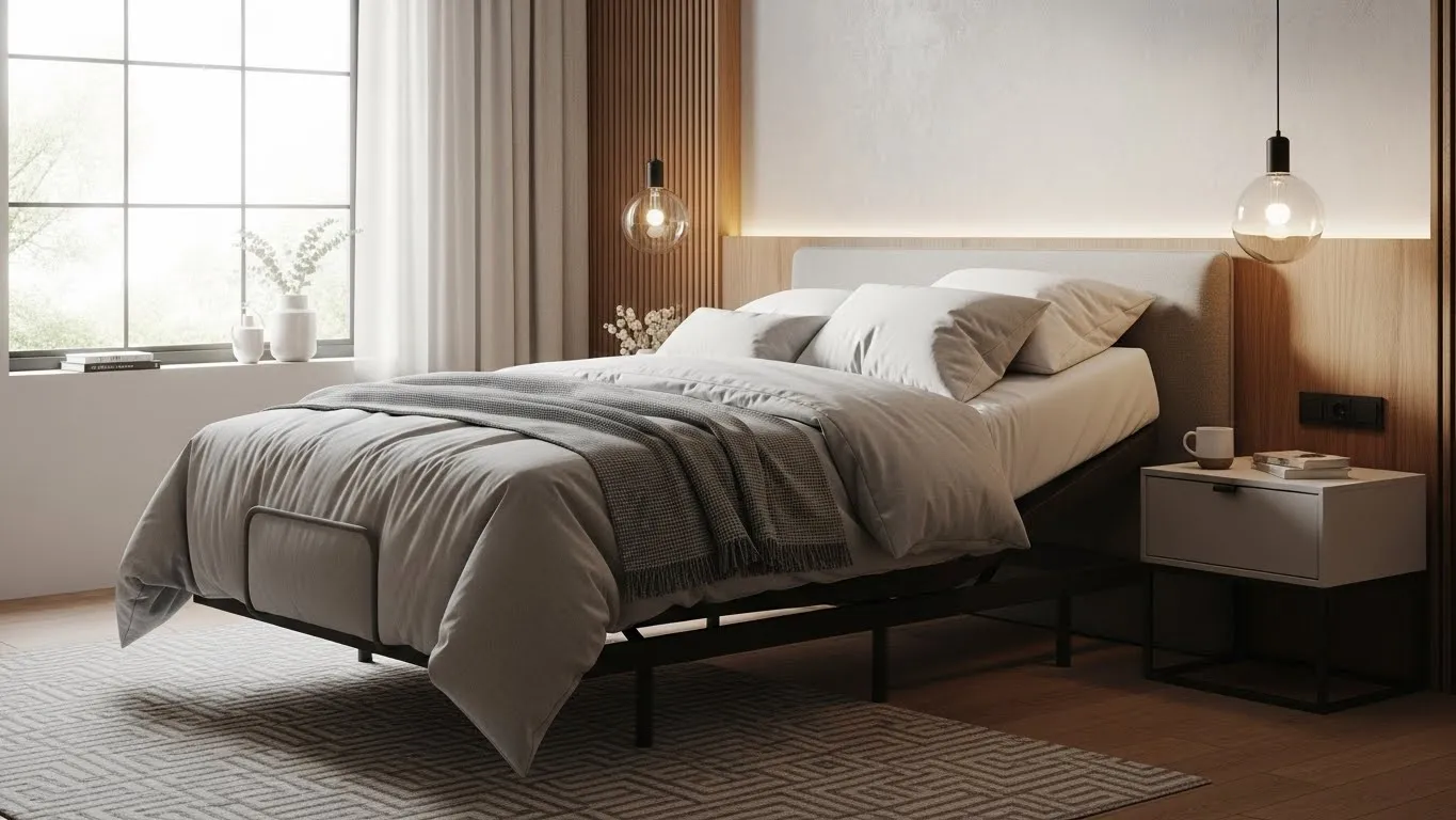 Modern bedroom featuring an adjustable bed with a cozy gray blanket, pillows, and stylish lighting, emphasizing comfort and sleep quality.