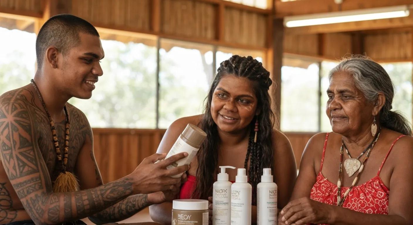 Diverse group of Indigenous Australians discussing hair care products, highlighting community and cultural pride