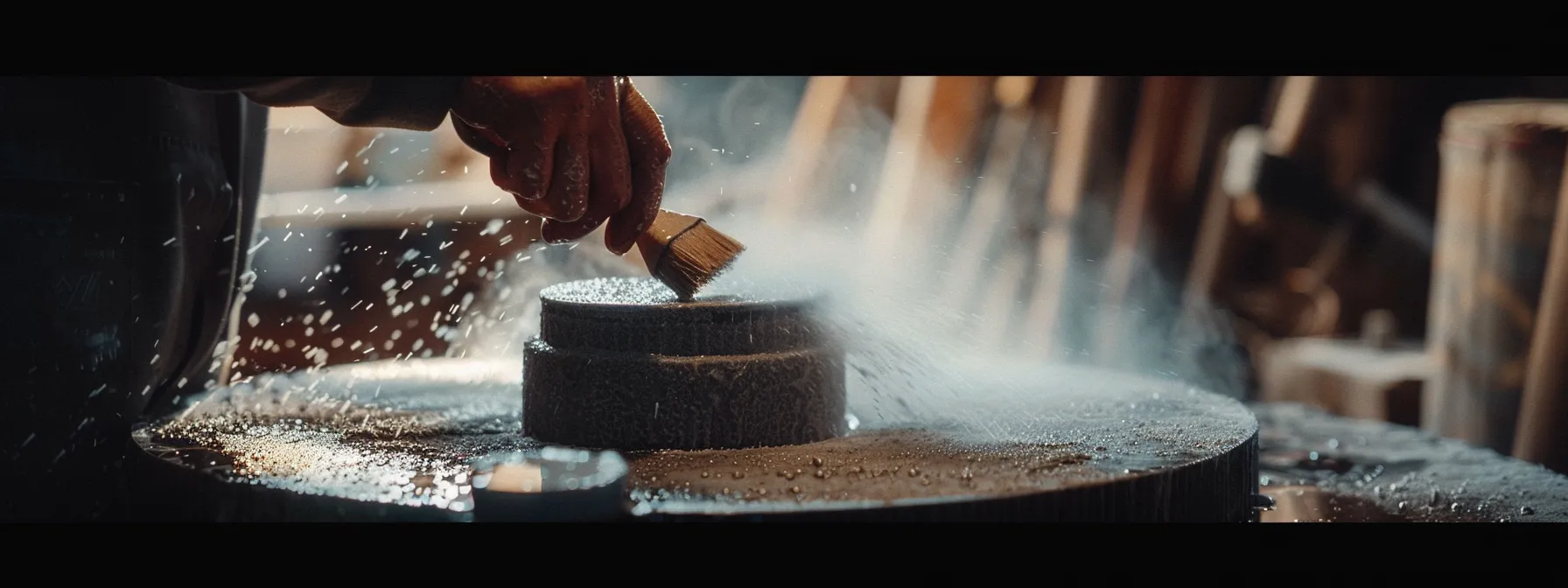 a person applying lubricant to a wet stone grinder with a brush for cleanup.