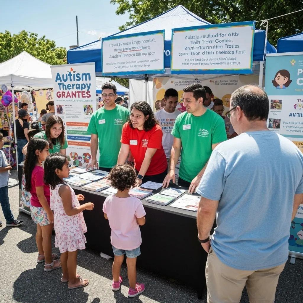 Families interacting with a non-profit organization's information booth about autism therapy grants at a community event.
