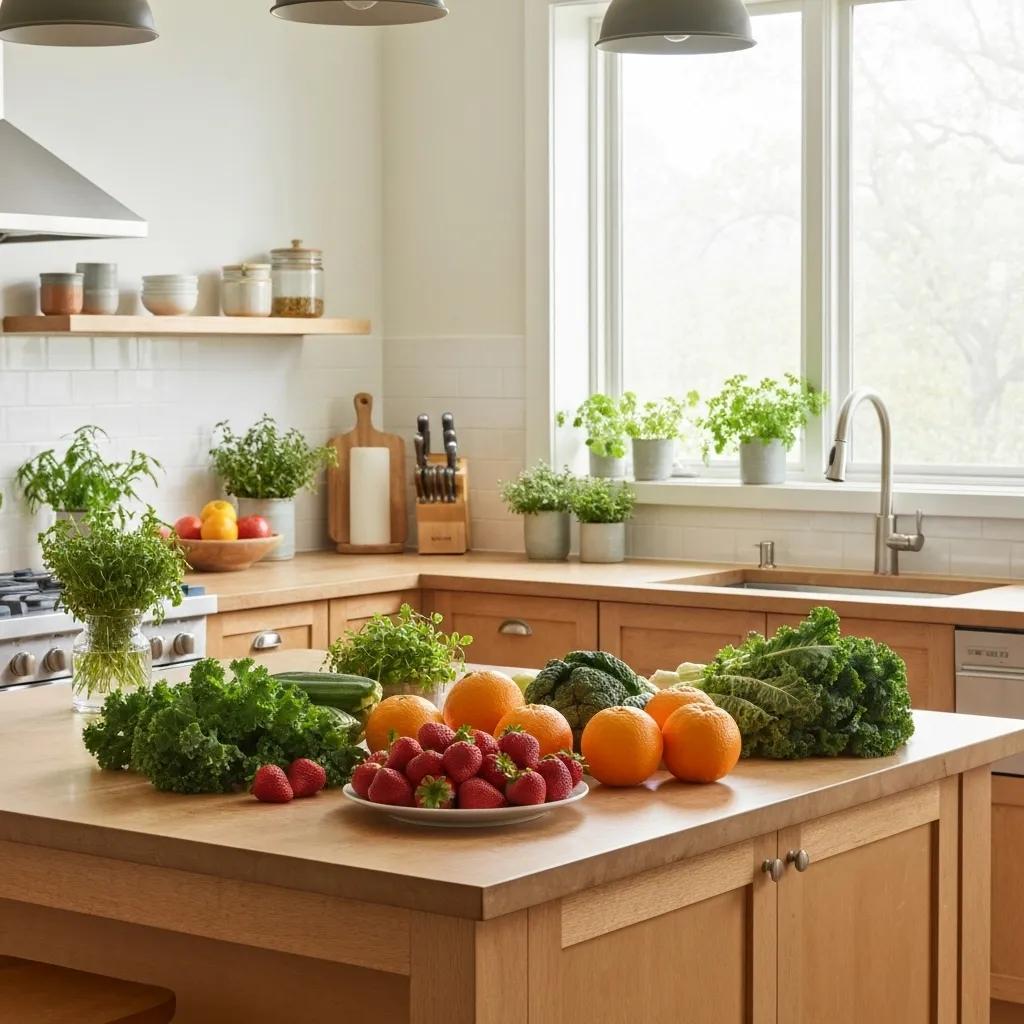 Colorful fruits and vegetables in a bright kitchen promoting healthy eating habits