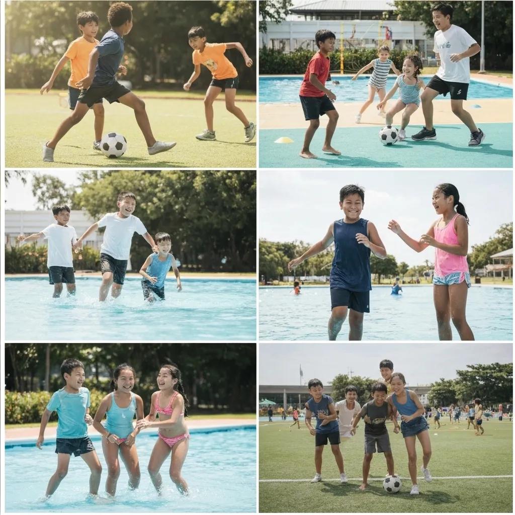 Children enjoying multi-sport activities at a summer camp in Singapore Children enjoying multi-sport activities at a summer camp in Singapore