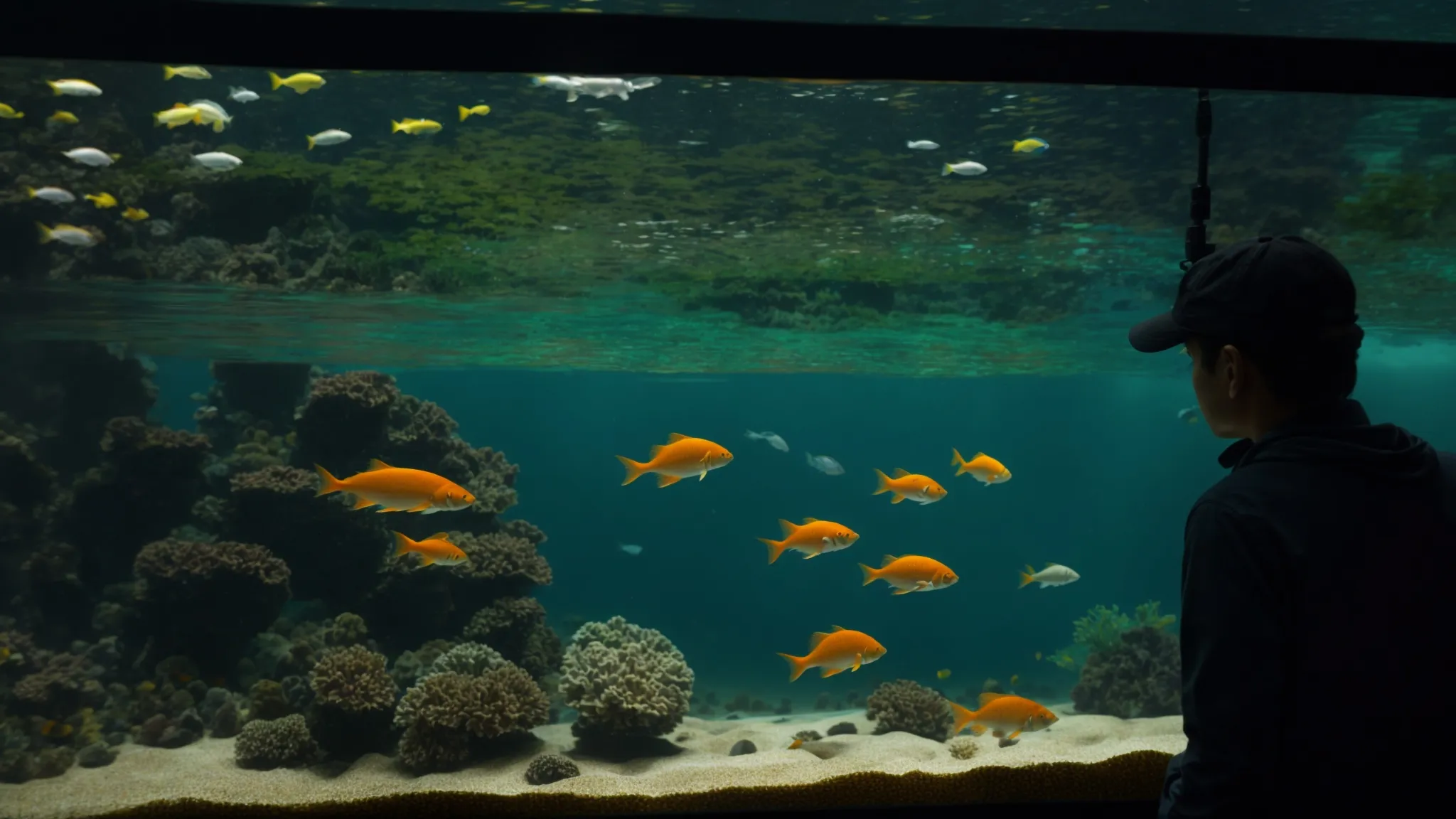 a person observing fish poop in an aquarium to assess water quality.