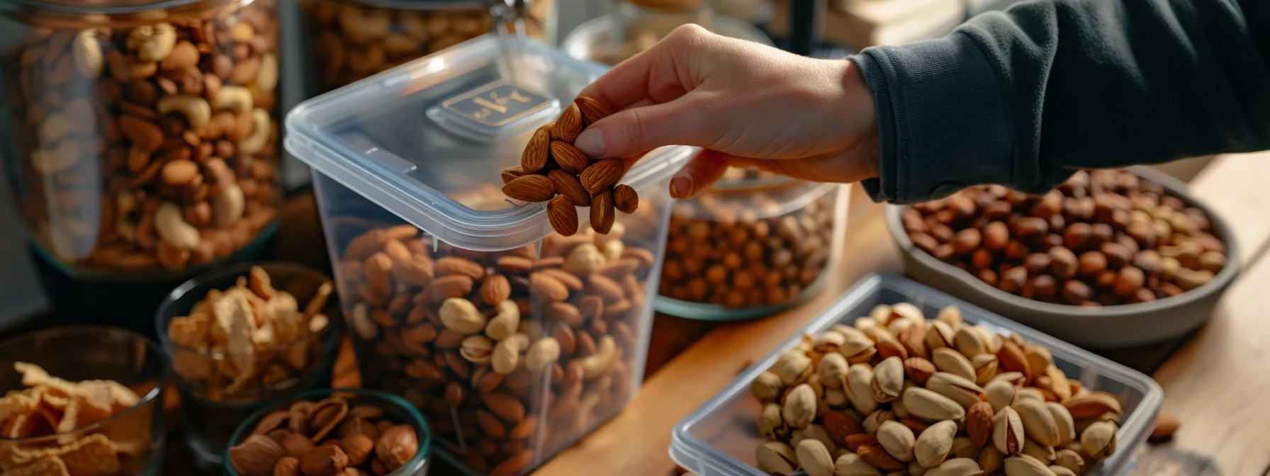 a person grabbing a handful of mixed nuts from a portable snack container.