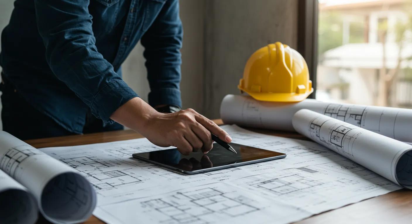 a modern office environment showcases an architect reviewing blueprints and building codes on a sleek digital tablet, surrounded by construction plans and safety standards, highlighting the intricate relationship between residential building regulations and their varying enforcement across states.