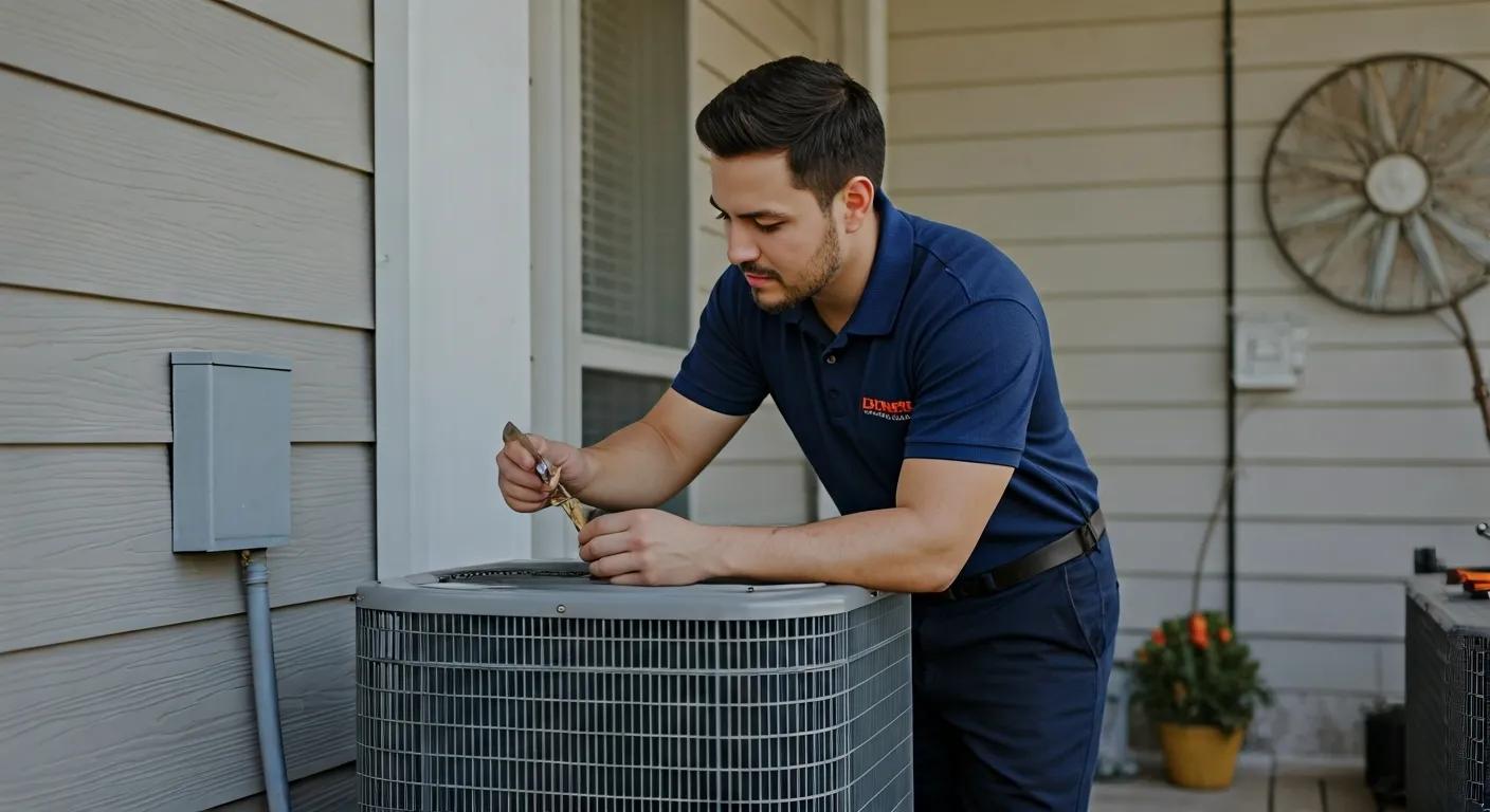 HVAC technician repairing air conditioning unit in a residential setting