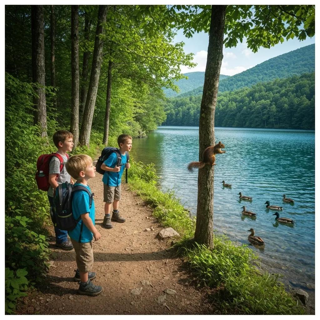 Children exploring a scenic loop trail by a lake in Blue Ridge, showcasing family-friendly outdoor activities Children exploring a scenic loop trail by a lake in Blue Ridge, showcasing family-friendly outdoor activities