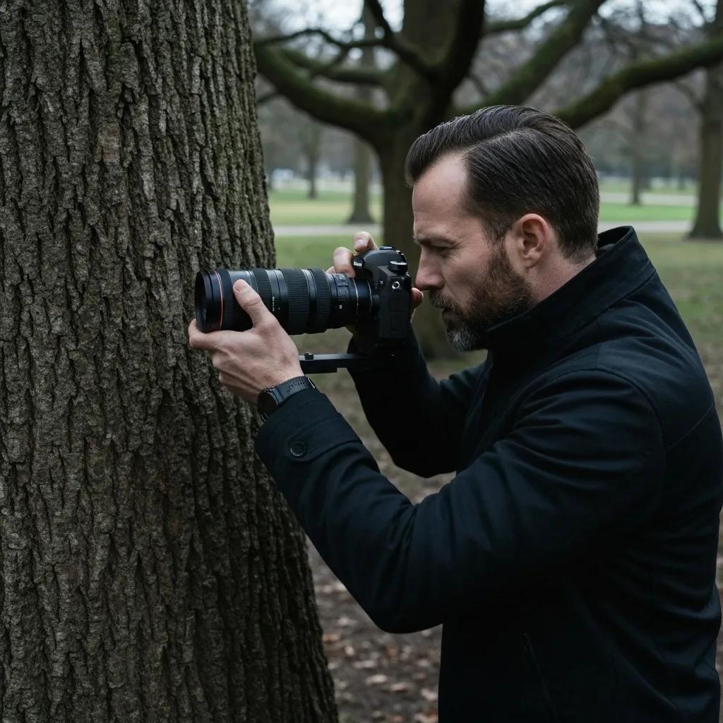 Private investigator conducting surveillance with high-tech camera in outdoor setting