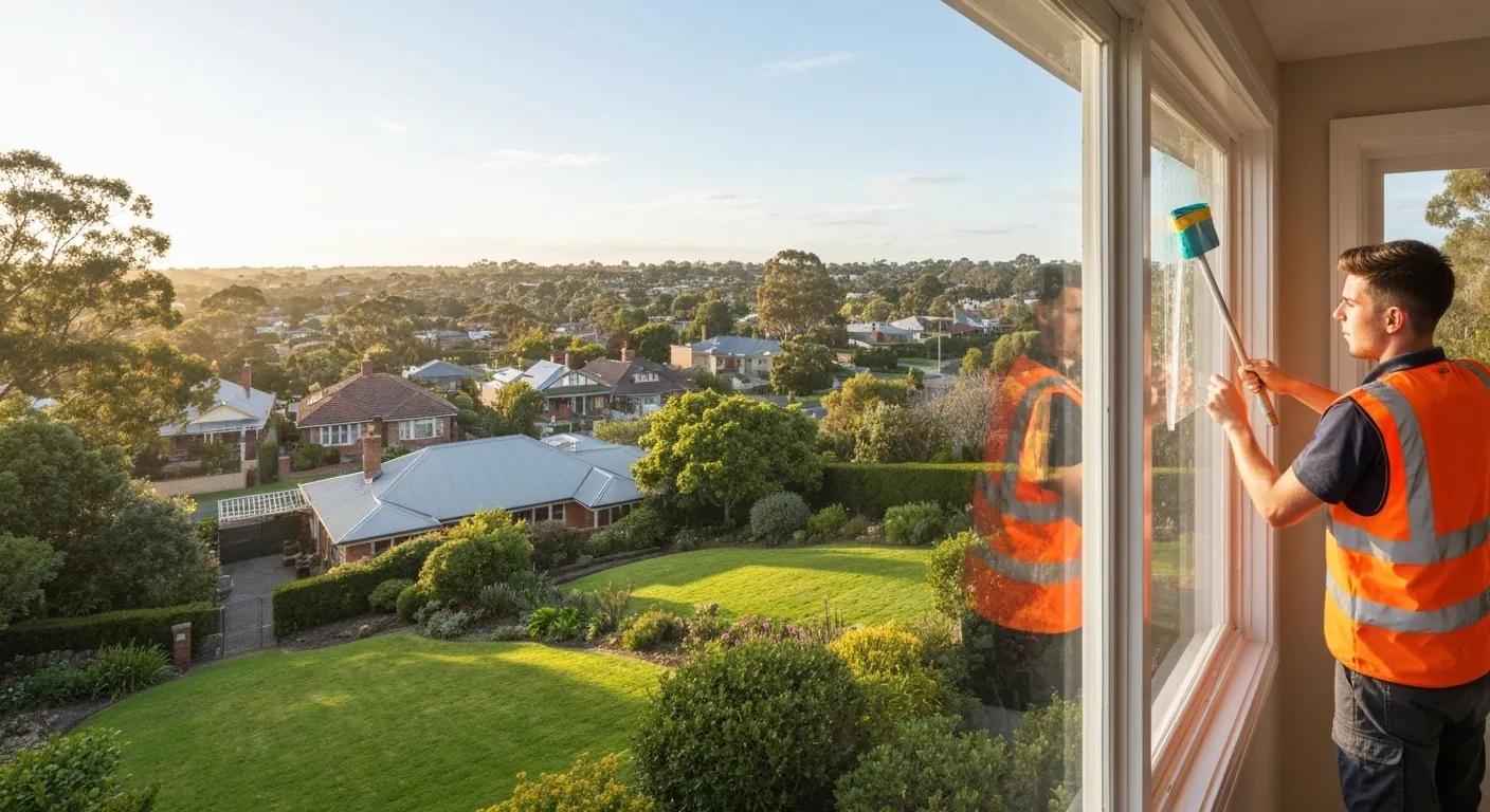 A scenic view of Melbourne's eastern suburbs with a window cleaner actively working, representing local eco-friendly services A scenic view of Melbourne's eastern suburbs with a window cleaner actively working, representing local eco-friendly services