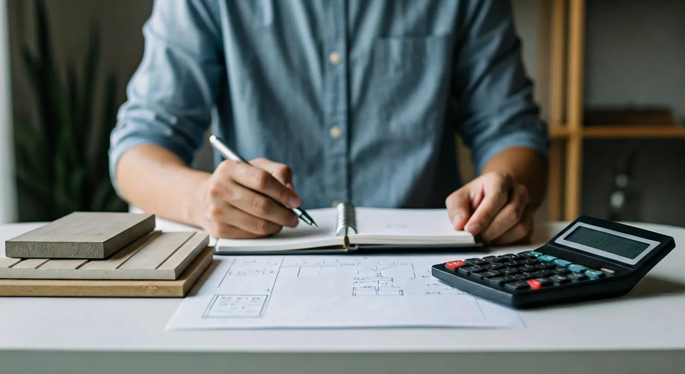 Homeowner budgeting for bathroom renovation with materials and plans
