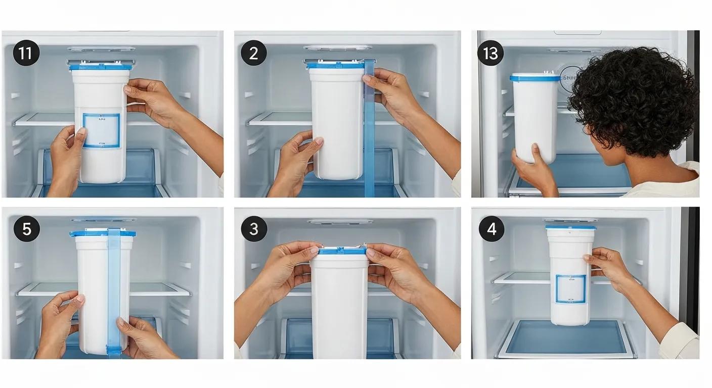 Step-by-step installation of a Whirlpool water filter in a refrigerator, demonstrating ease of use