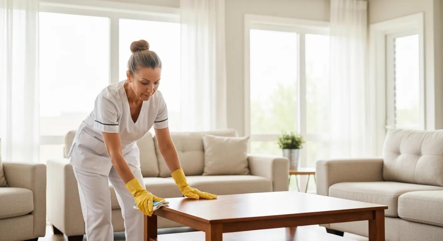 Professional cleaner making a bright living room shine, showcasing the advantages of home cleaning services