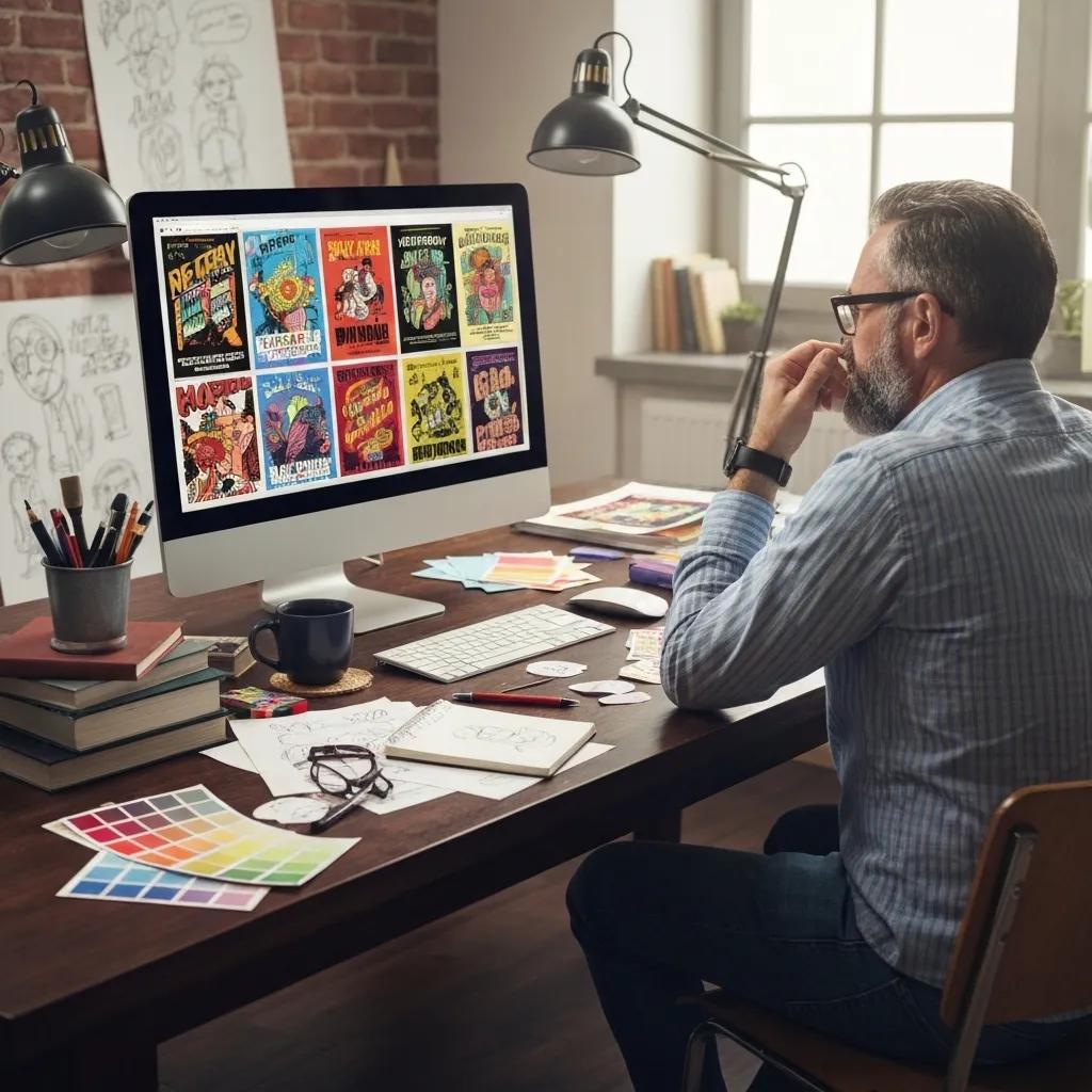 Art Director in a buzzing studio, sketching out bold wild poster designs