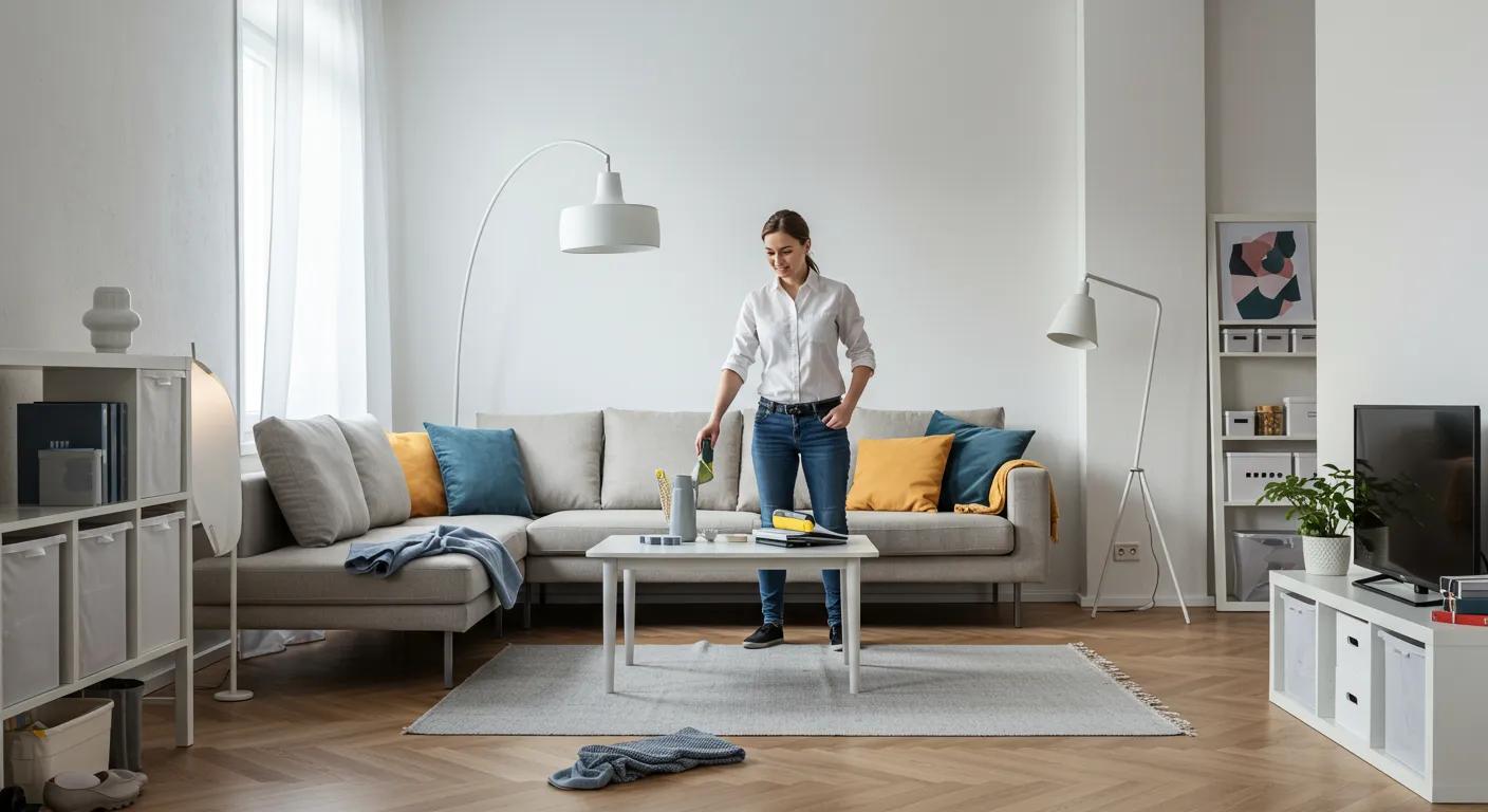a well-organized, modern living room showcasing a pristine, professionally cleaned space, filled with bright, artificial lighting that emphasizes the clarity and order, symbolizing the freedom and time gained through outsourcing cleaning chores.