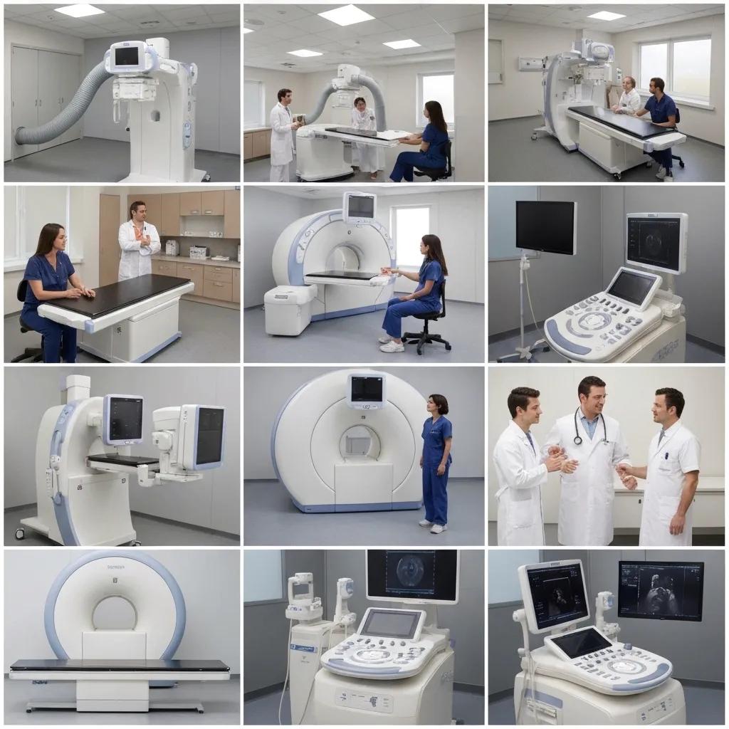 A collection of various radiology equipment including X-ray, MRI, and ultrasound machines within a clinical setting