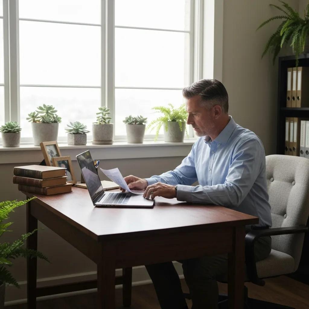 An entrepreneur reviewing credit reports in a comfortable workspace An entrepreneur reviewing credit reports in a comfortable workspace