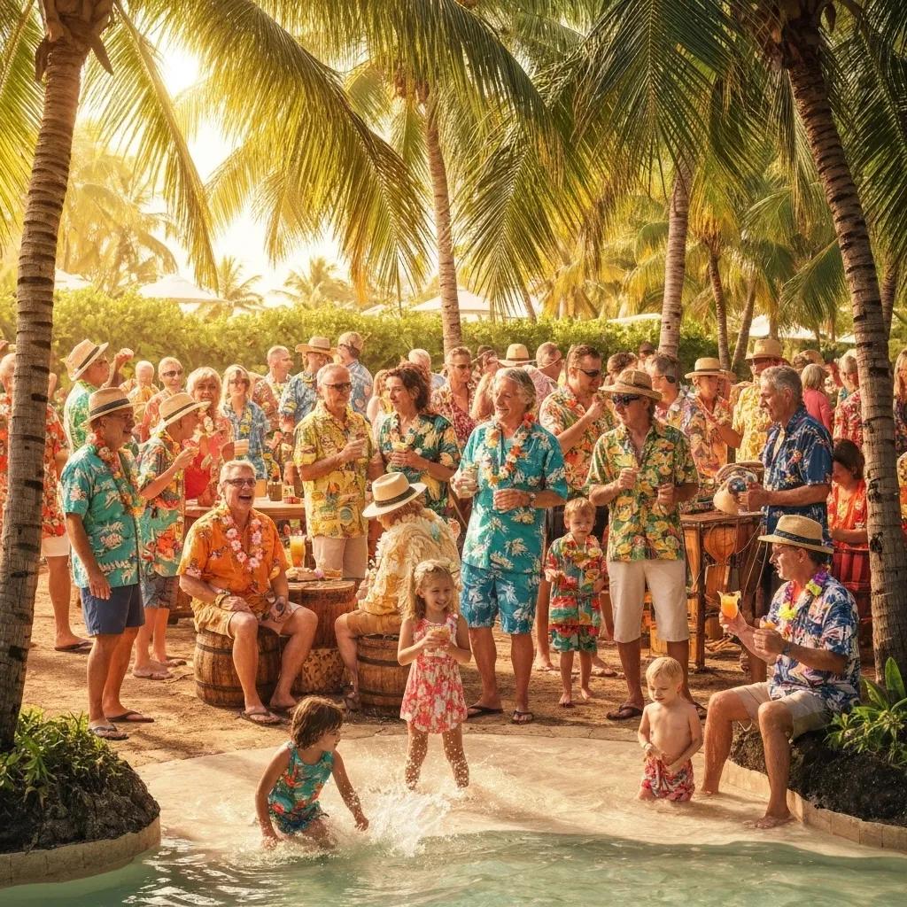 Vibrant celebration of Jimmy Buffett Day with fans in Hawaiian shirts enjoying tropical festivities