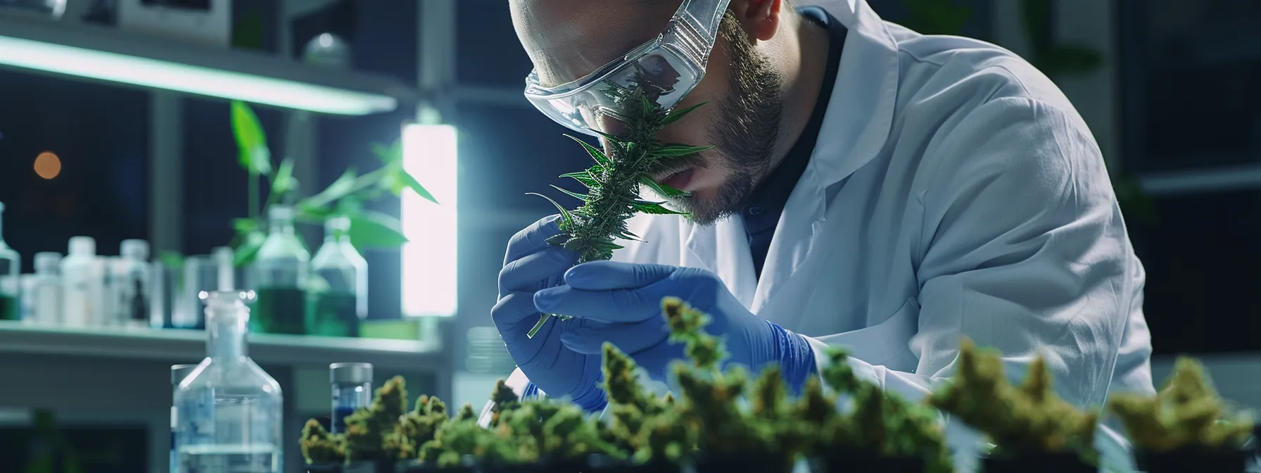 scientists conducting precision testing on cannabis compounds using advanced technology in a research laboratory setting.