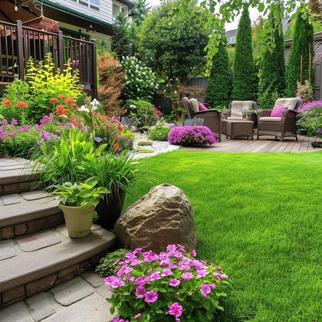 Lush backyard with colorful flowers and inviting patio showcasing affordable landscaping services