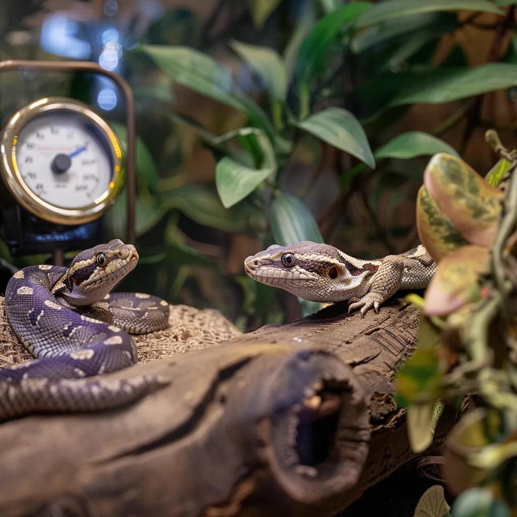 Ball python and bearded dragon in habitats illustrating their humidity needs