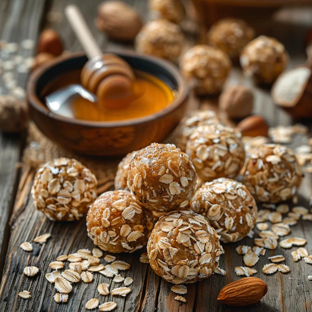 Colorful assortment of healthy energy balls made with honey, oats, and nuts on a wooden table