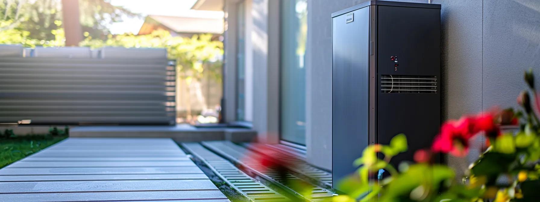 A sleek solar battery storage system installed in a modern home, with solar panels visible outside.