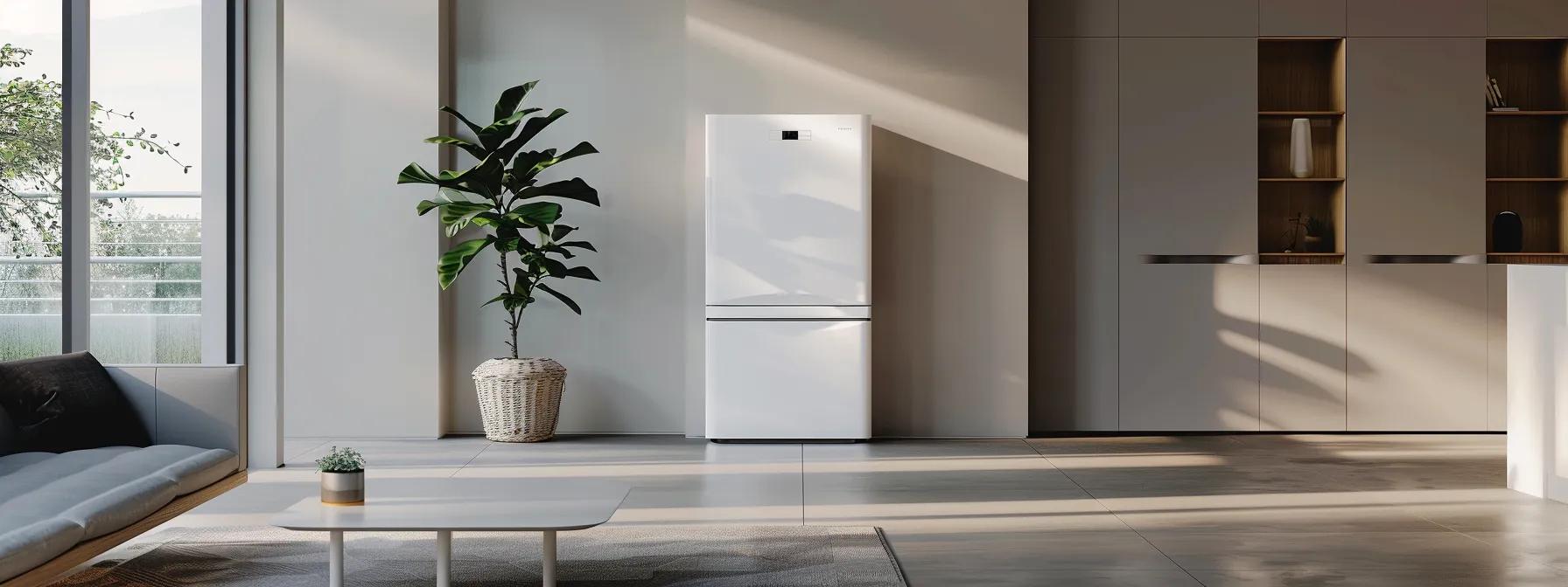 A sleek solar battery storage system installed in a modern home, with solar panels visible outside.
